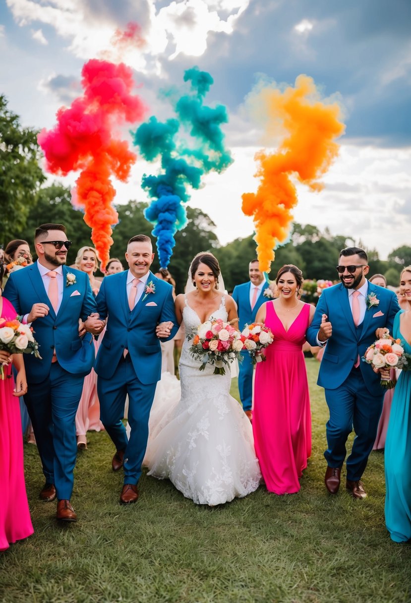 Colorful smoke bombs create a vibrant entrance for the bridal party at a wedding