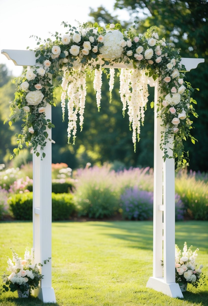 A white wood arch adorned with cascading floral arrangements stands in a sunlit garden, ready for a romantic wedding ceremony