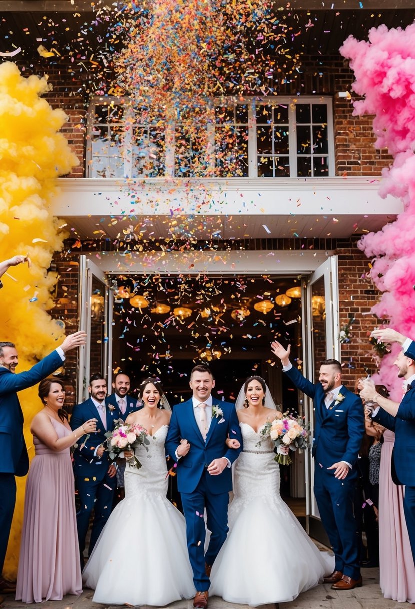 Colorful confetti explodes in the air, showering the wedding entrance as the bridal party makes a grand and celebratory entrance