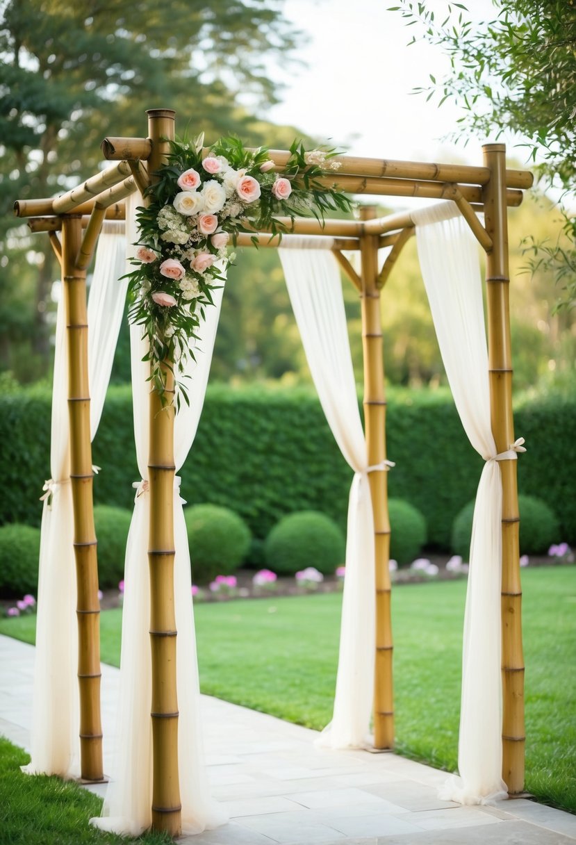 A bamboo arbor adorned with tulle and flowers stands in a serene garden setting