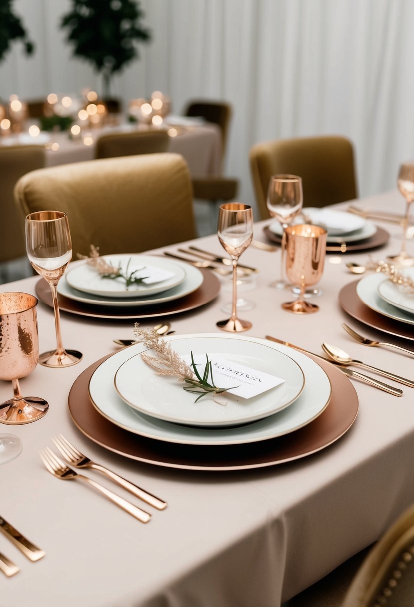 A neutral wedding table setting with rose gold metallic accents and sparkling details