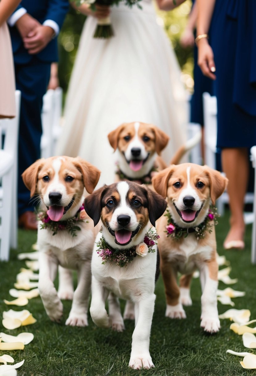 Rescue puppies joyfully trot down the aisle, adorned with floral collars, as part of the bridal party's wedding entrance