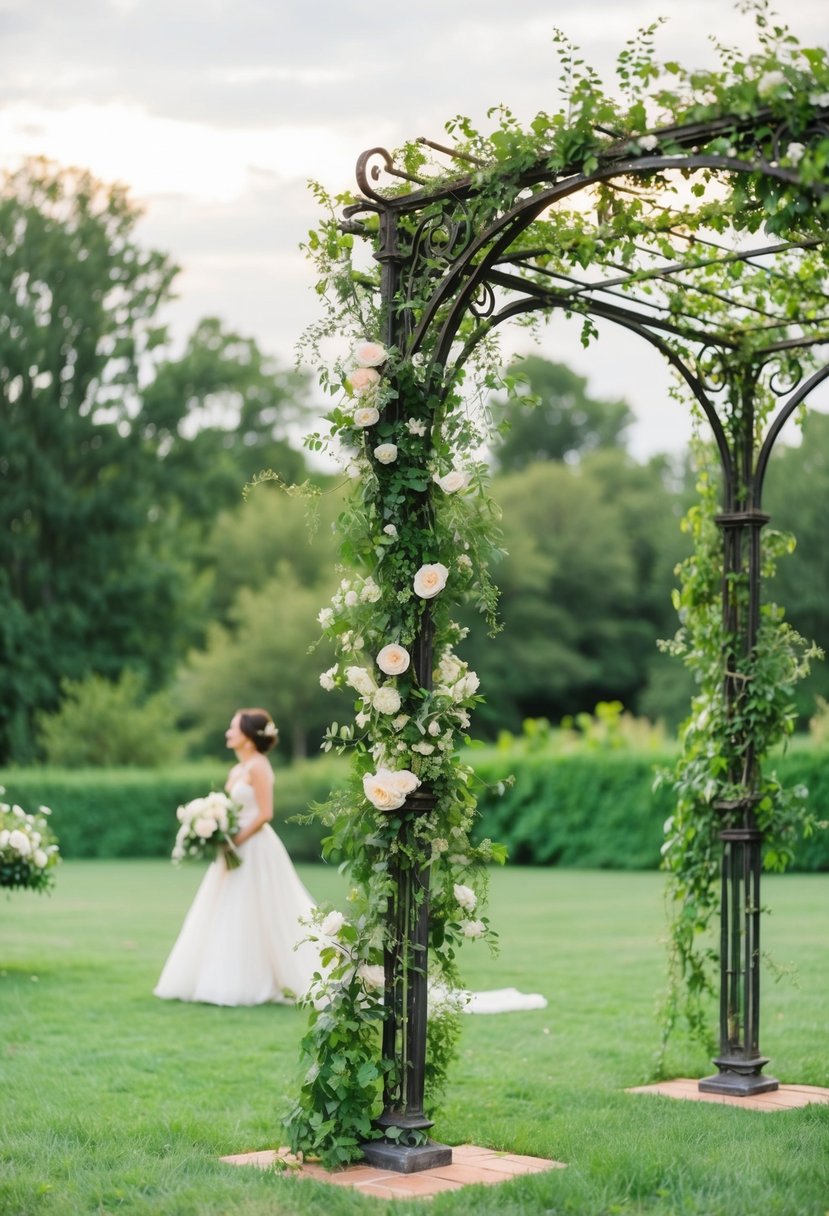 A vine-covered iron arbor stands as a romantic wedding backdrop, with lush greenery and delicate flowers weaving through the intricate metalwork