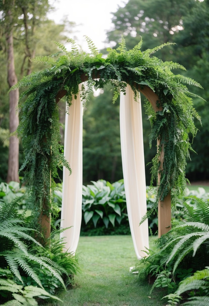 Lush greenery drapes over a wooden arch, surrounded by ferns and ivy. A serene, natural setting for a neutral wedding