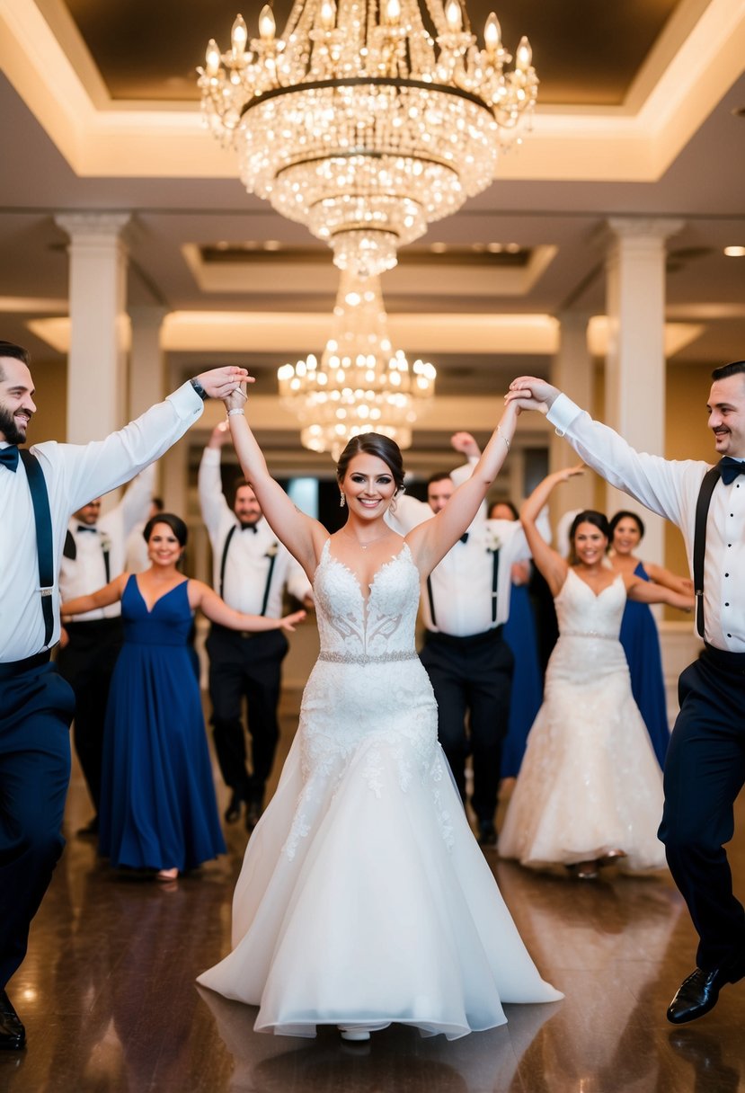 Bridal party performs a choreographed dance routine in perfect synchronization for their wedding entrance