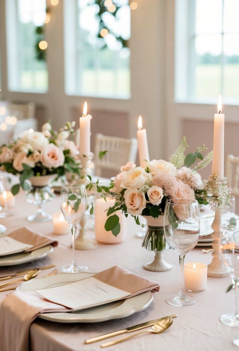 A serene wedding table set with blush and beige linens, delicate floral arrangements, and soft candlelight