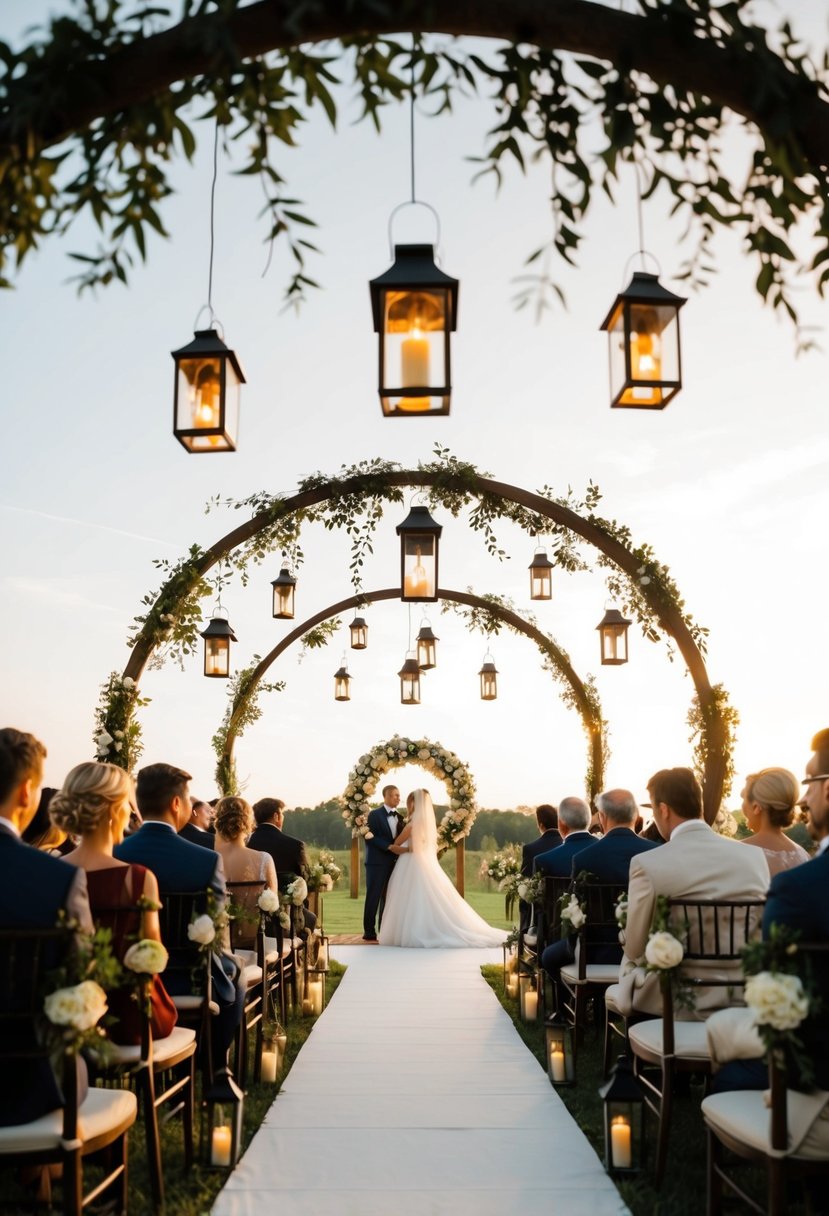 A circular arbor adorned with hanging lanterns creates a romantic wedding setting