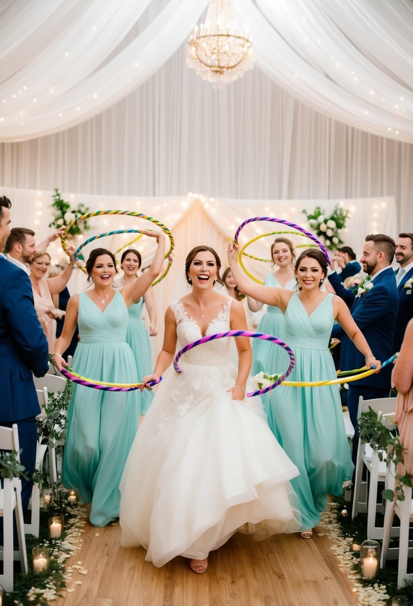 Bridal party enters wedding reception with hula hoops, joyfully twirling and dancing down the aisle