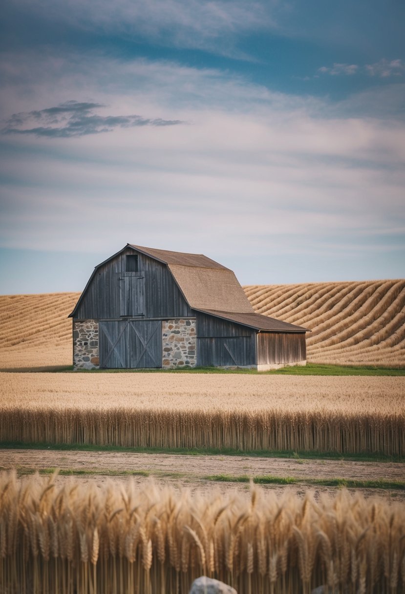 A rustic barn set against a backdrop of rolling wheat fields, with gray accents in the form of weathered wood and stone