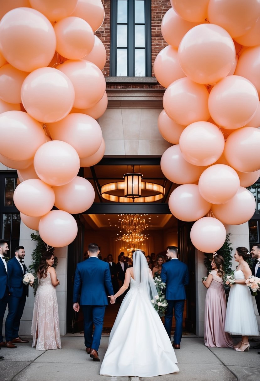 Giant balloons line the entrance, leading to a wedding reception for the bridal party