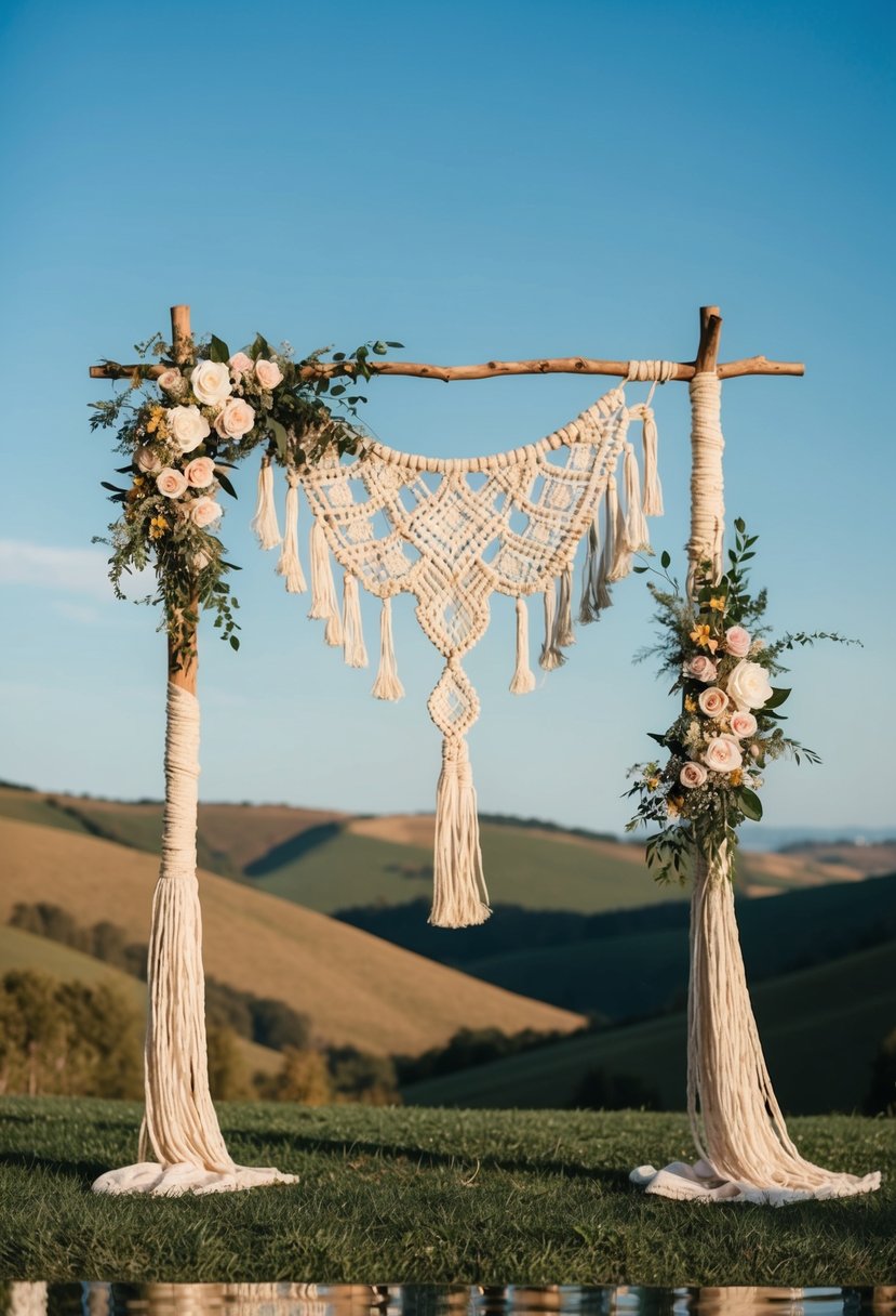 A bohemian macrame wedding arch stands adorned with flowers and greenery, set against a backdrop of rolling hills and a clear blue sky