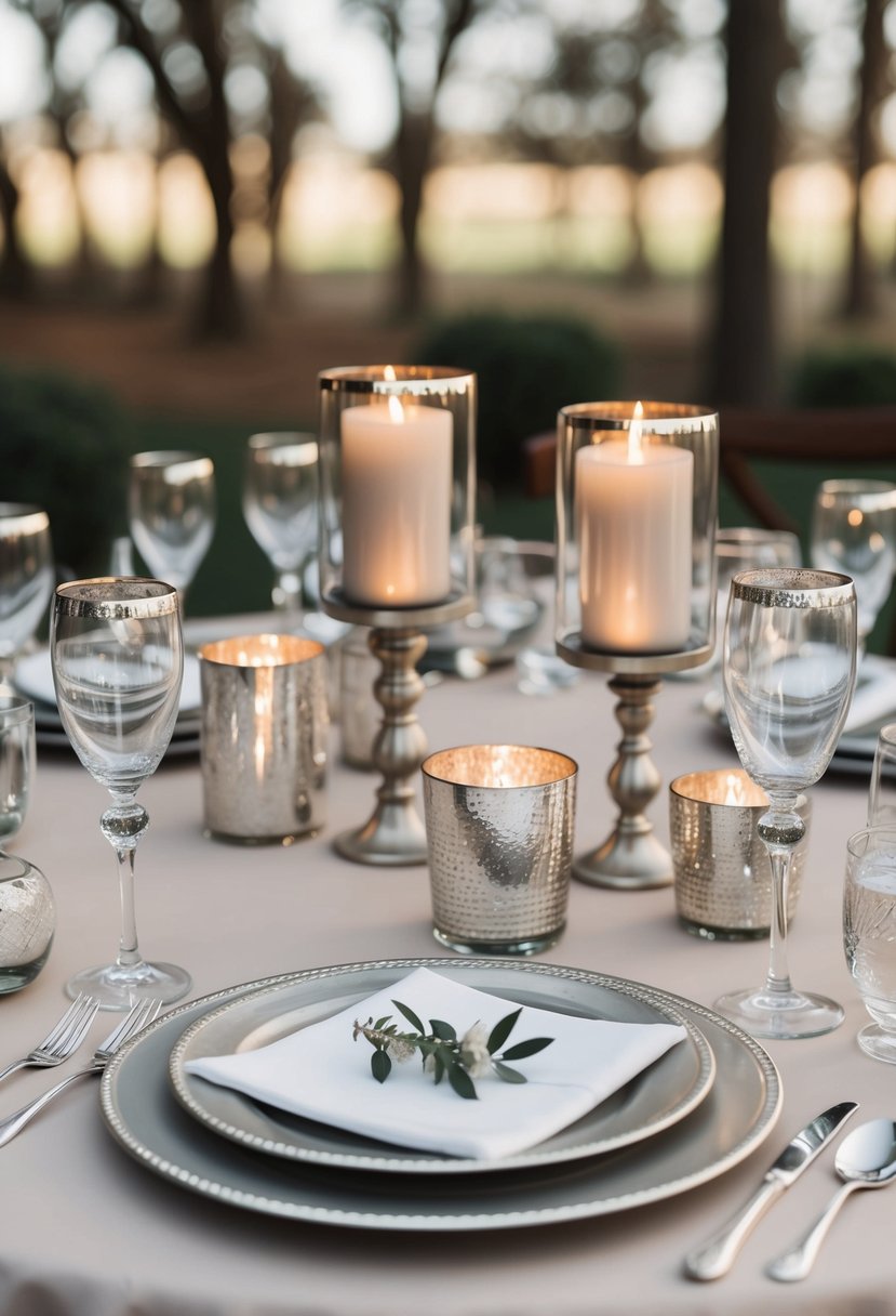 A neutral-toned wedding table adorned with silver-rimmed glassware, metallic candle holders, and shimmering place settings