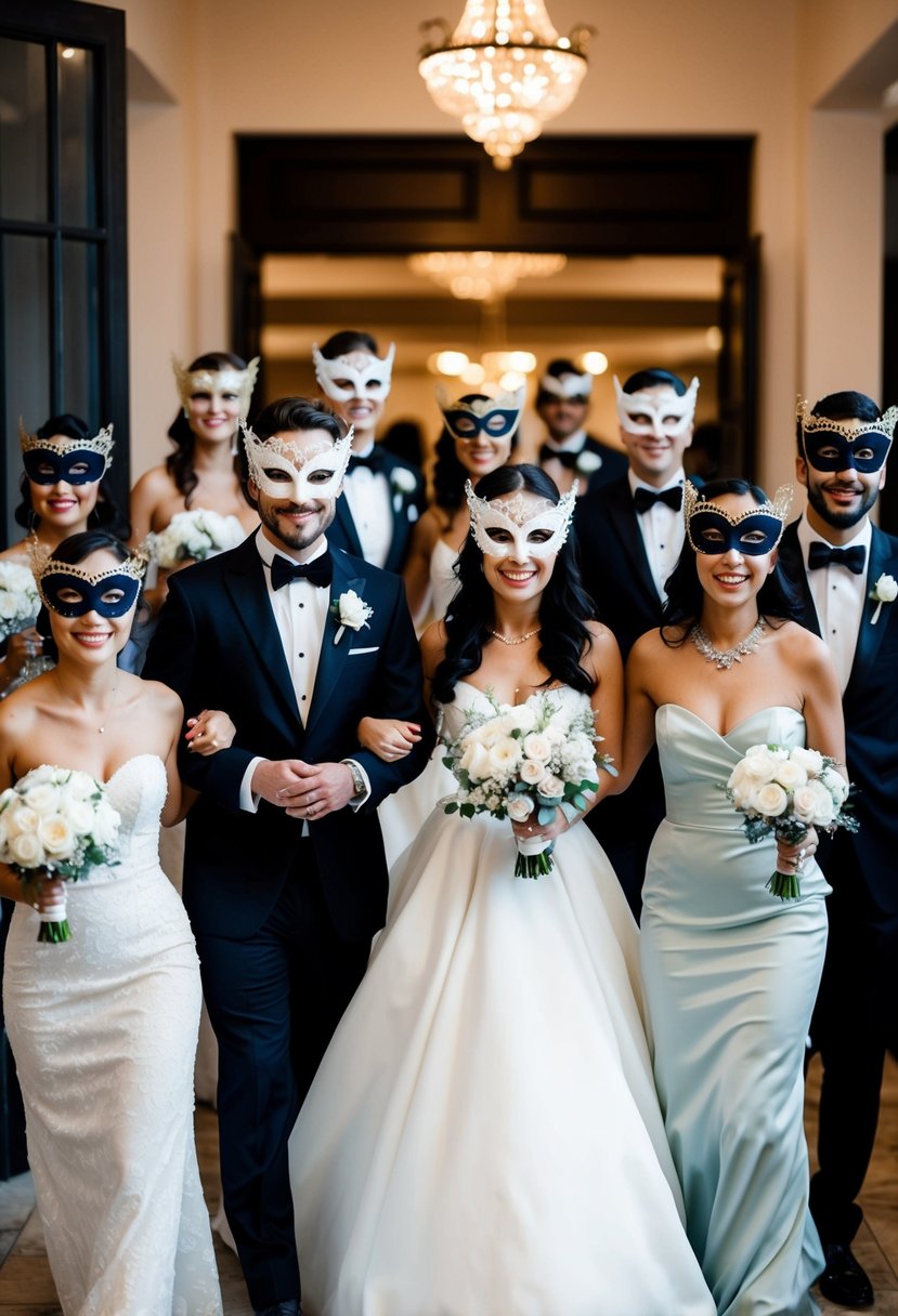 A group of bridal party members in elegant attire wearing masquerade masks, making a dramatic entrance at a wedding venue