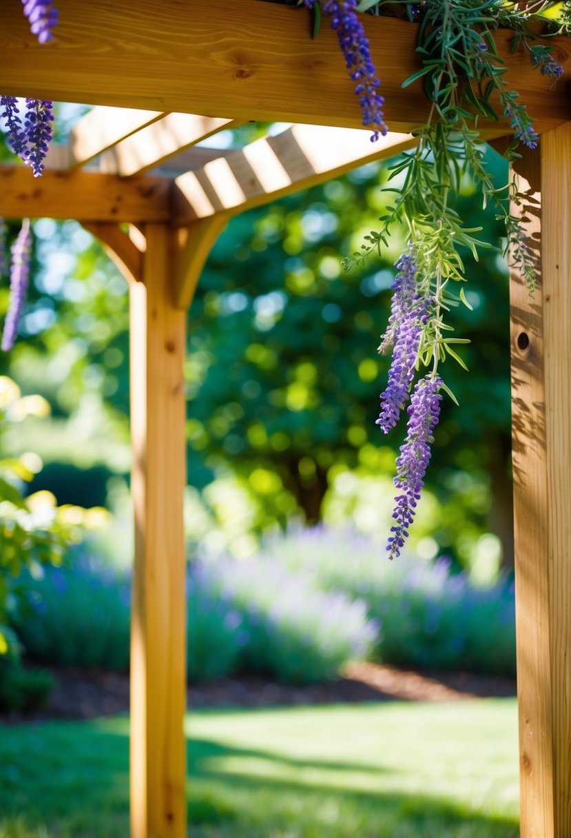 A natural wood arbor adorned with lavender sprigs stands in a sun-dappled garden