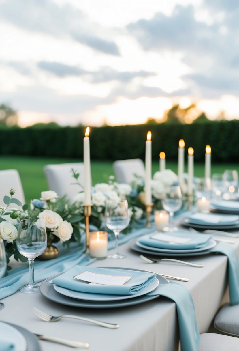 A serene wedding table setting with neutral tones and accents of soft blue, such as flowers, napkins, and candles, creating a fresh and elegant atmosphere