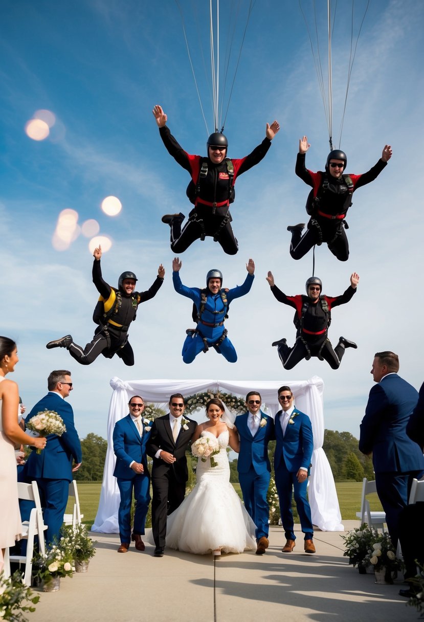 A group of skydivers gracefully descends into a wedding venue, creating a breathtaking entrance for the bridal party