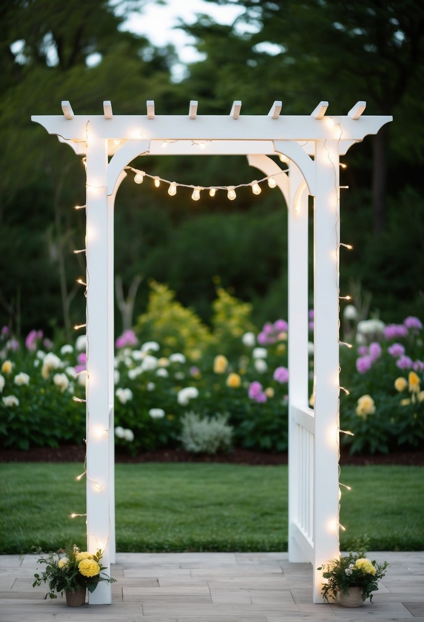 A white wooden arbor adorned with twinkling fairy lights, set against a backdrop of lush greenery and blooming flowers