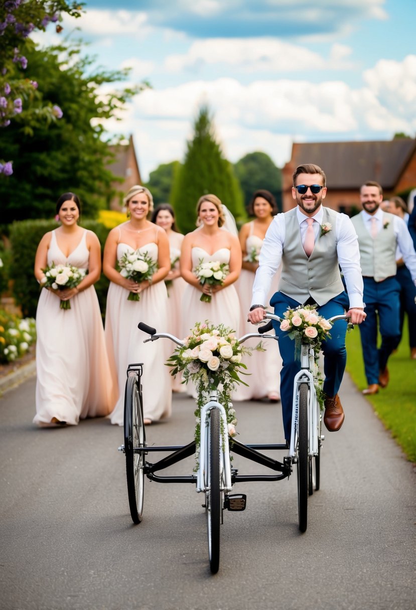 A tandem bike adorned with flowers, leading a procession of bridesmaids and groomsmen, arrives at a wedding venue