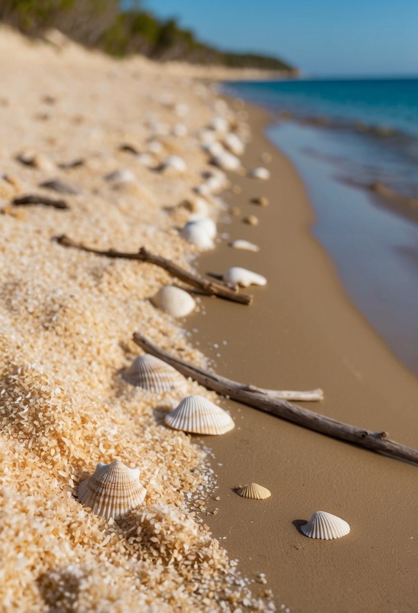 Soft beige and tan sand stretches along the shore, contrasting with the deep blue ocean. Seashells and driftwood dot the landscape, creating a serene and natural beach setting