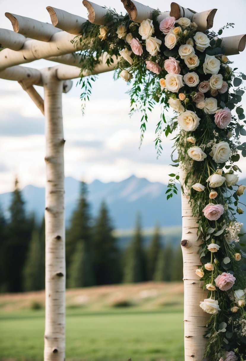 An elegant wedding arbor made of aspen wood, adorned with cascading roses and dahlias