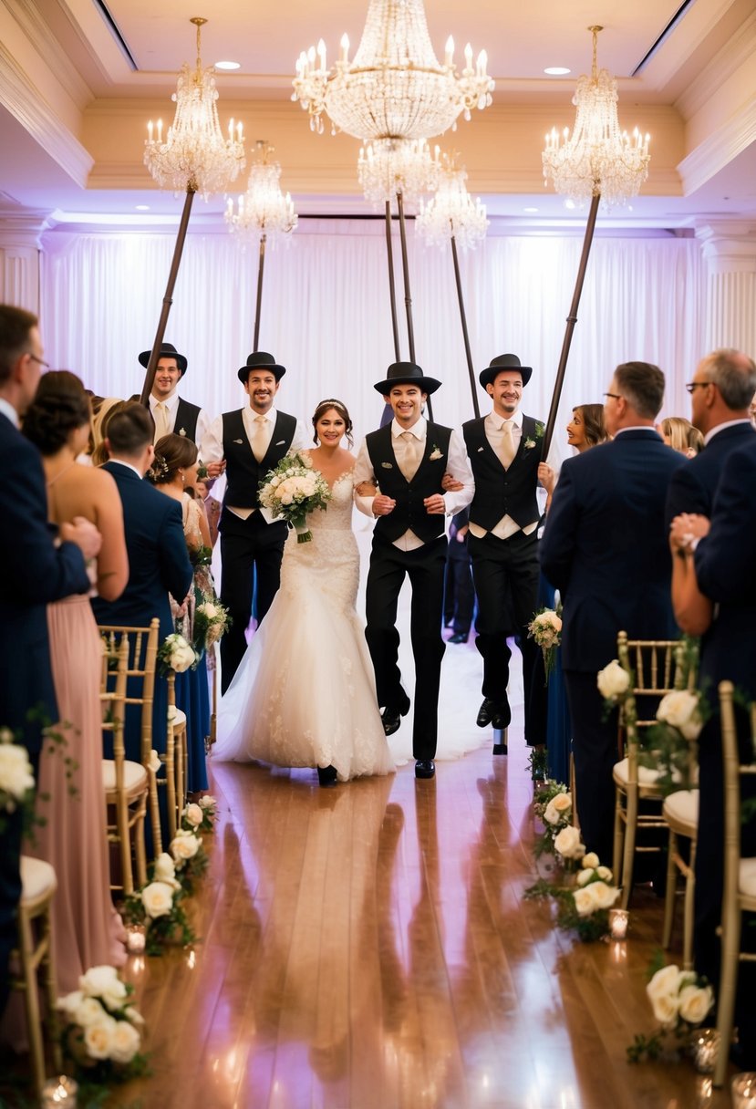 A group of stilt-walking performers lead the bridal party into the wedding venue, towering above the crowd with elegance and grace