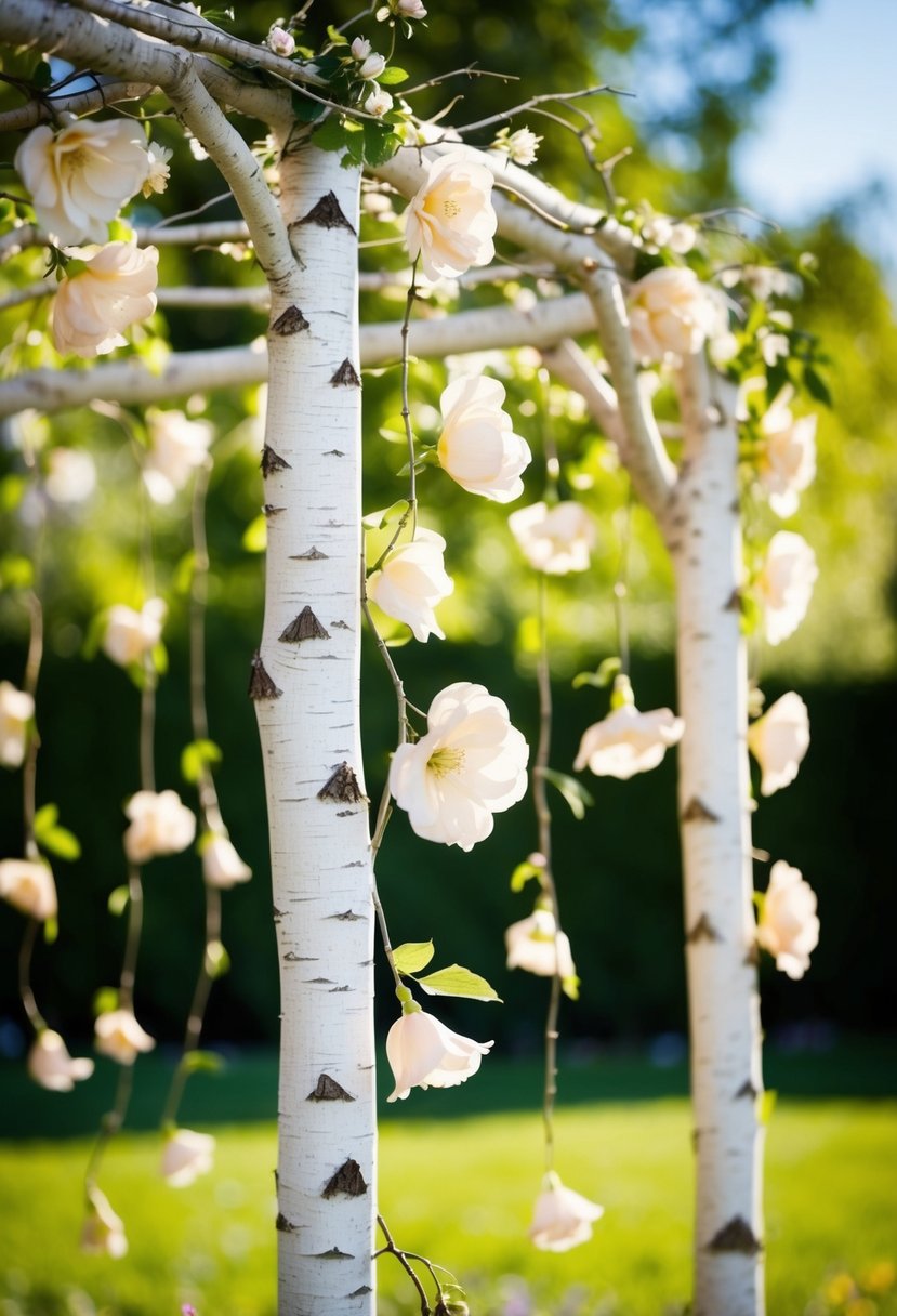 A birch arbor adorned with silk flowers stands in a sun-dappled garden, with soft petals swaying in the gentle breeze