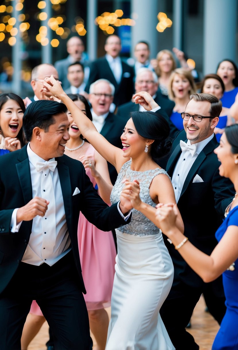 A group of people in formal attire dancing joyfully in a public space, surrounded by onlookers with surprised and delighted expressions