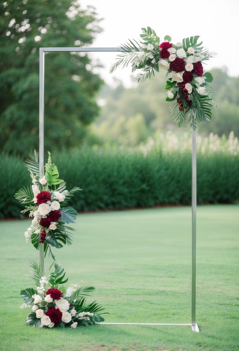 A sleek metal arch stands in a geometric shape, adorned with modern floral arrangements, set against a backdrop of lush greenery