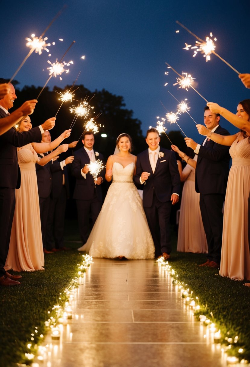 Bridal party enters with sparklers, creating a glowing pathway for the newlyweds