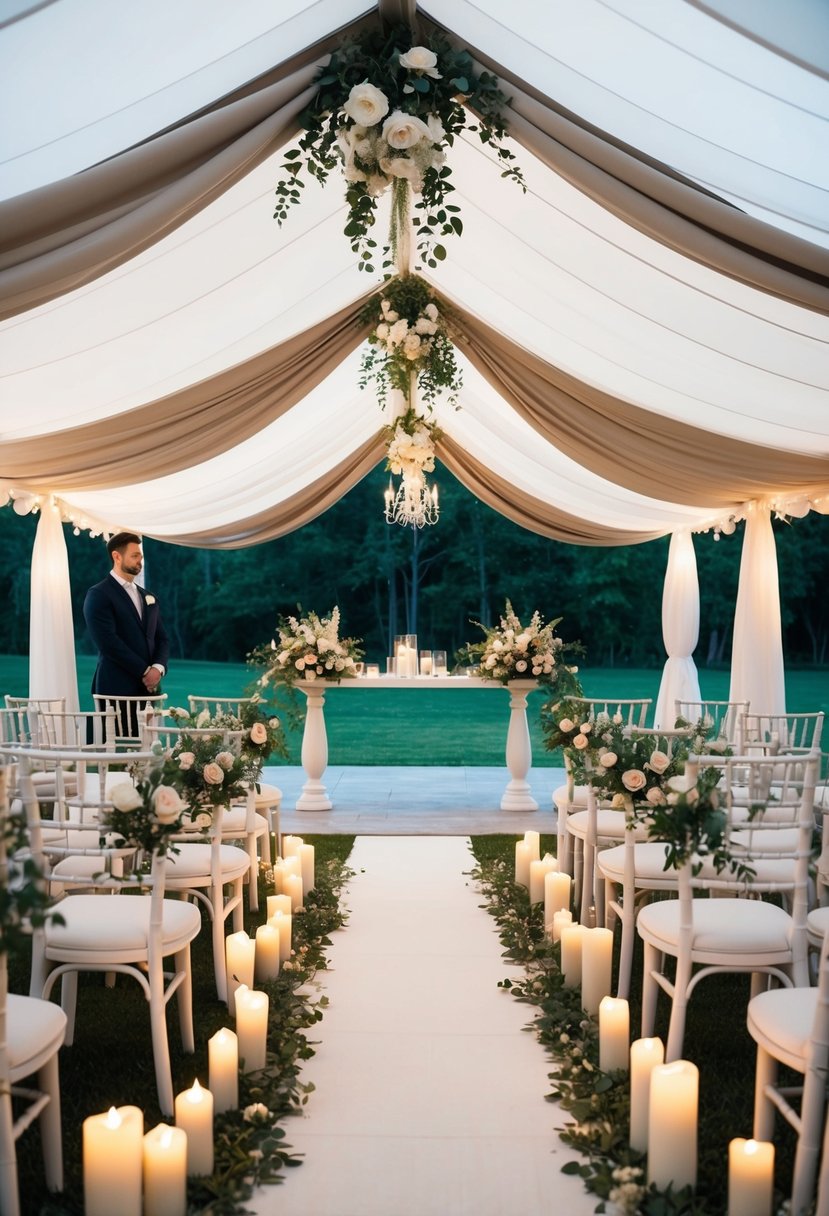 A serene outdoor wedding ceremony under a canopy of white and beige fabric, with soft candlelight and delicate floral arrangements