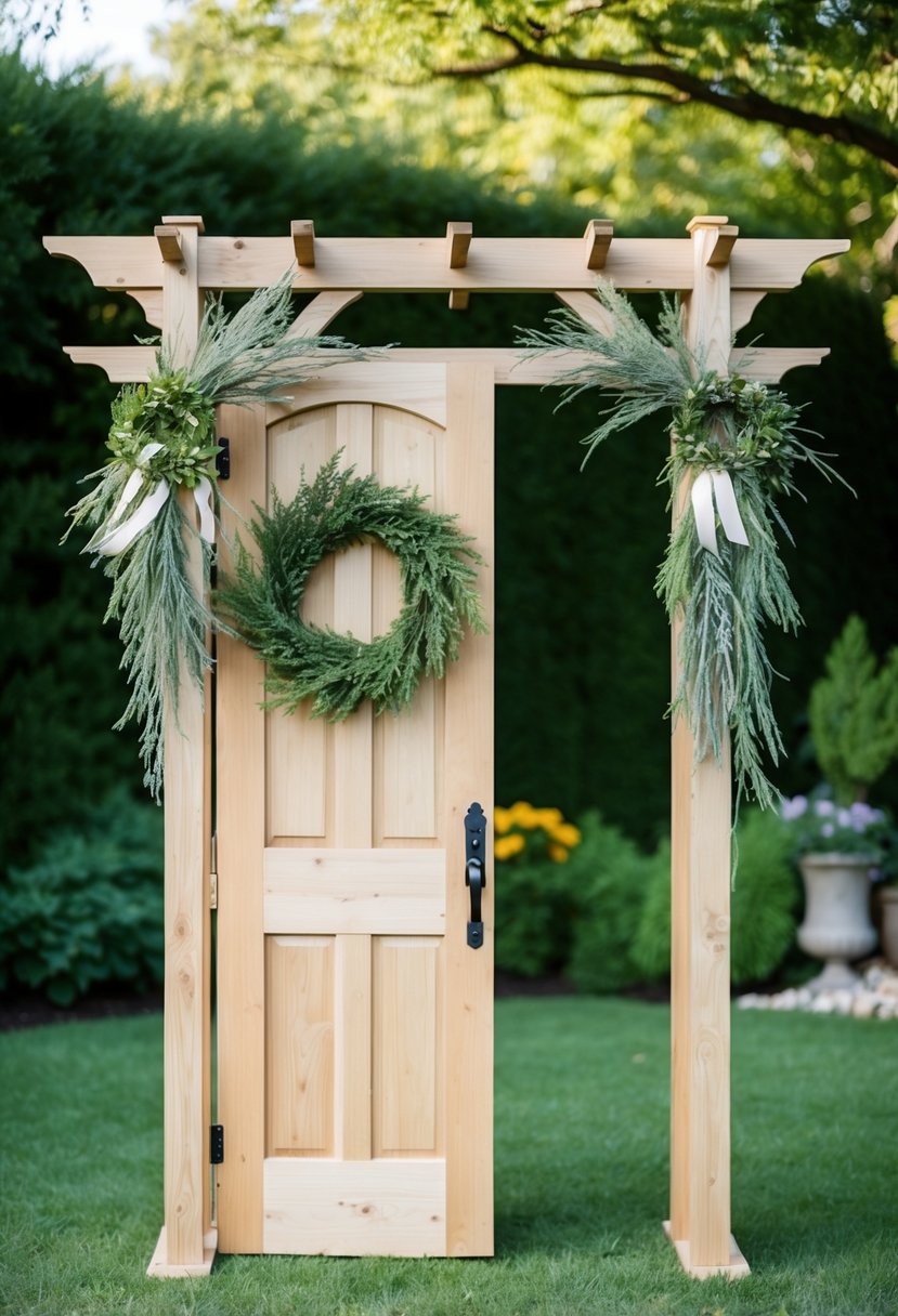 A wooden arbor with a rustic door frame, adorned with wreaths, stands in a garden setting