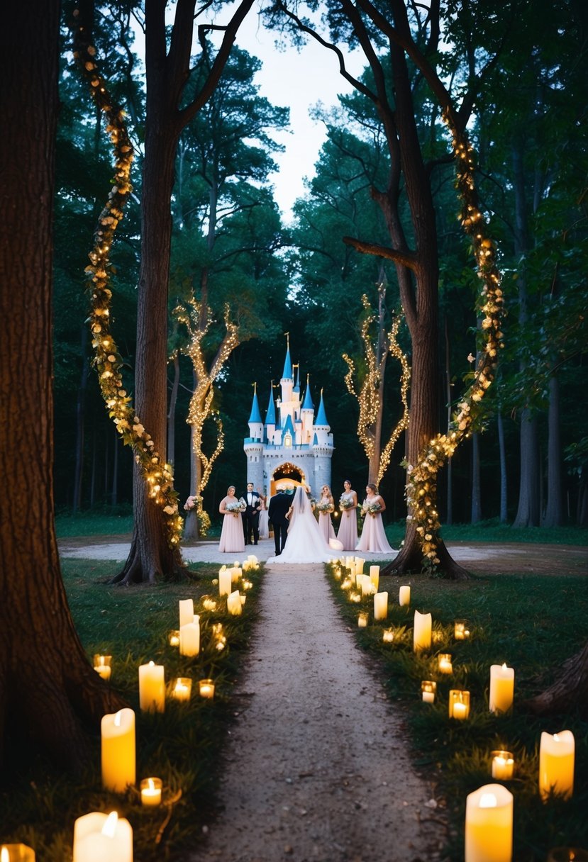 A magical forest clearing with floating candles and enchanted trees, leading to a grand castle entrance for the bridal party