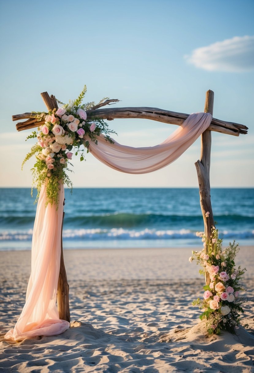 A driftwood arch stands on a sandy beach, adorned with flowers and flowing fabric, overlooking the ocean