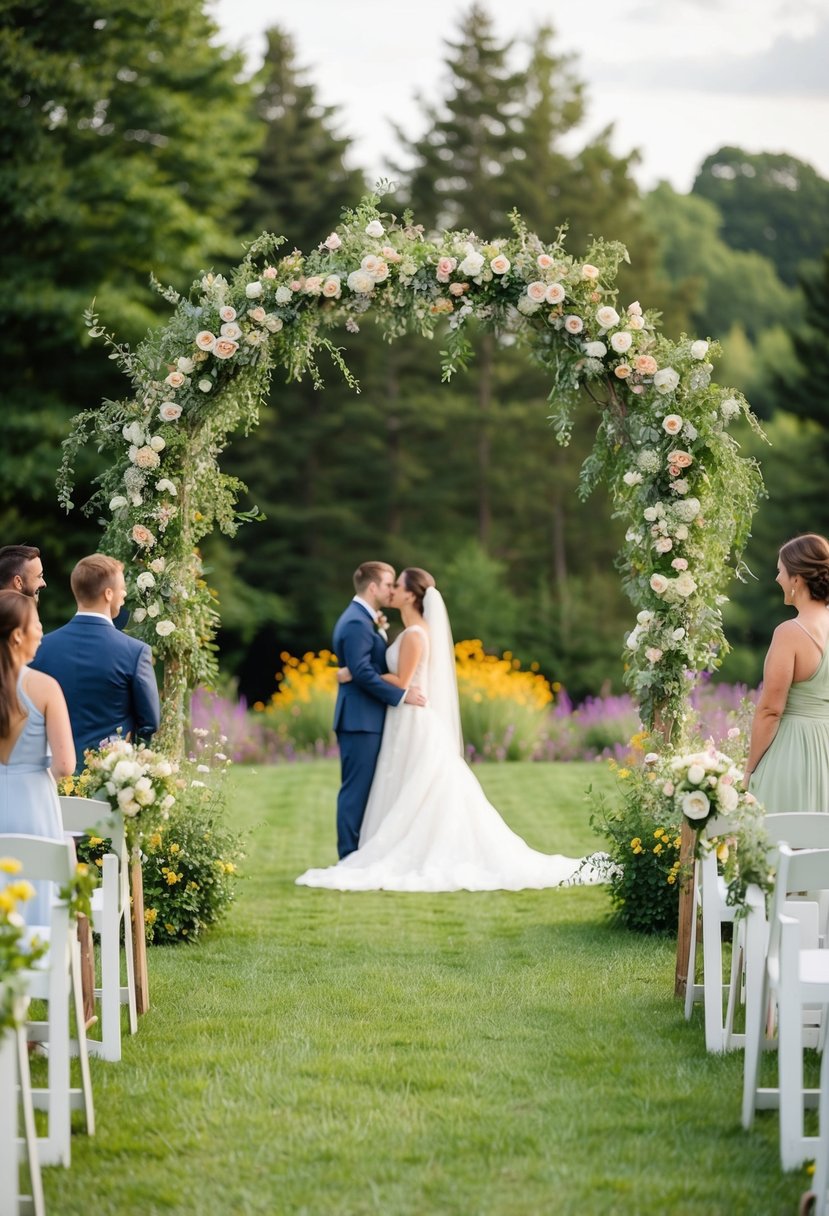 A garden-style arbor adorned with wildflowers stands as a picturesque backdrop for a wedding ceremony