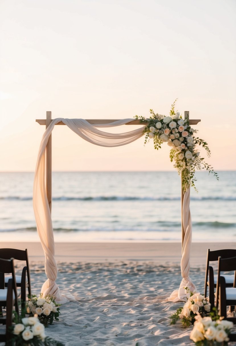 A serene beach wedding at sunset, with a neutral color palette of beige tones. A simple arch adorned with flowing fabric and soft florals completes the timeless, elegant scene