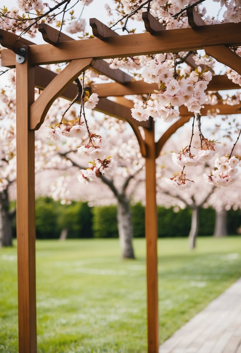 A wooden wedding arbor adorned with cherry blossom flowers in full bloom