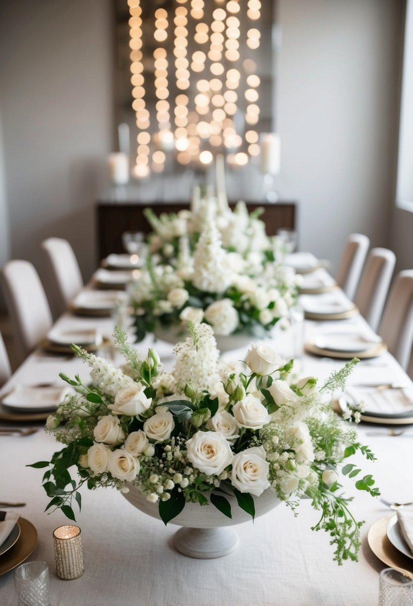 Ivory floral arrangements arranged on a table with neutral-colored decor