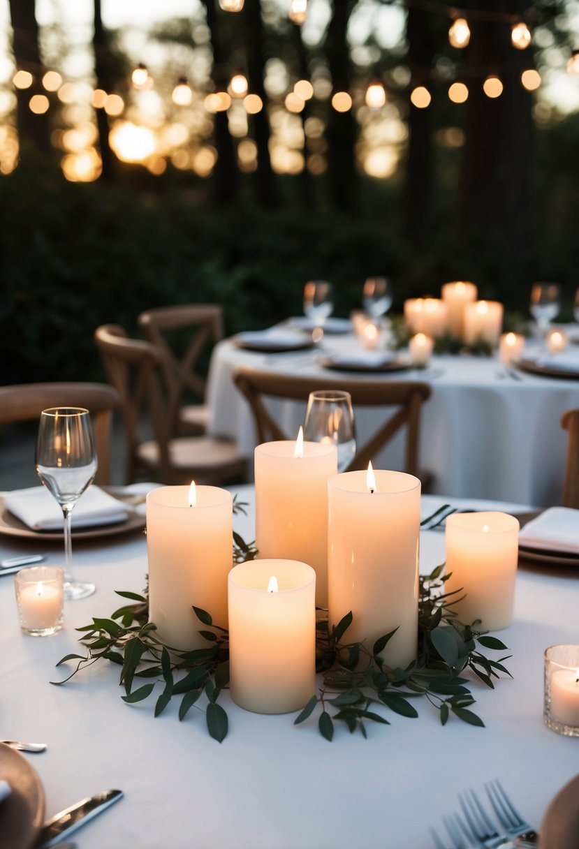 A table set with neutral-colored candles casting ambient light for a wedding