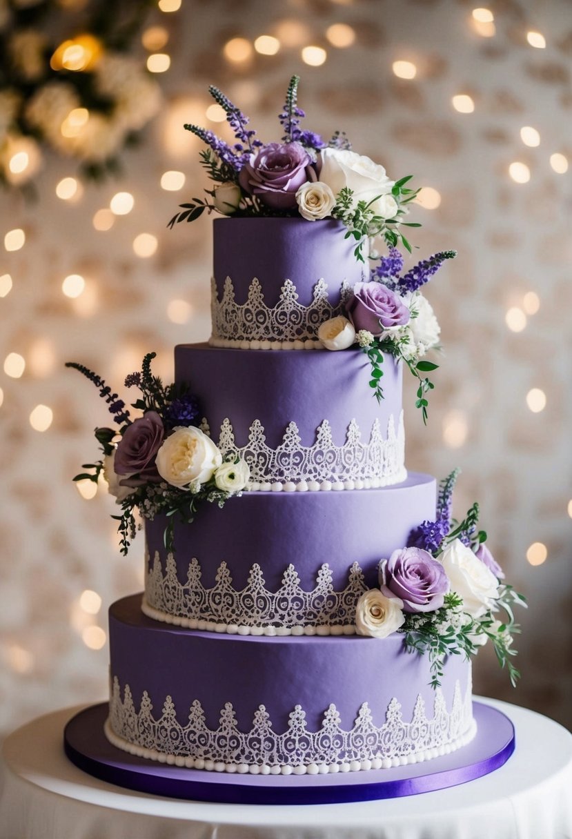 A three-tiered purple wedding cake adorned with cascading flowers and intricate lace designs