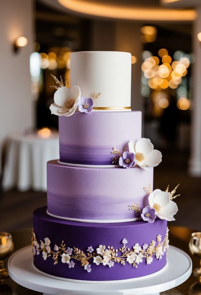 A three-tiered wedding cake with a smooth ombre fondant design in shades of purple, adorned with delicate sugar flowers and elegant gold accents