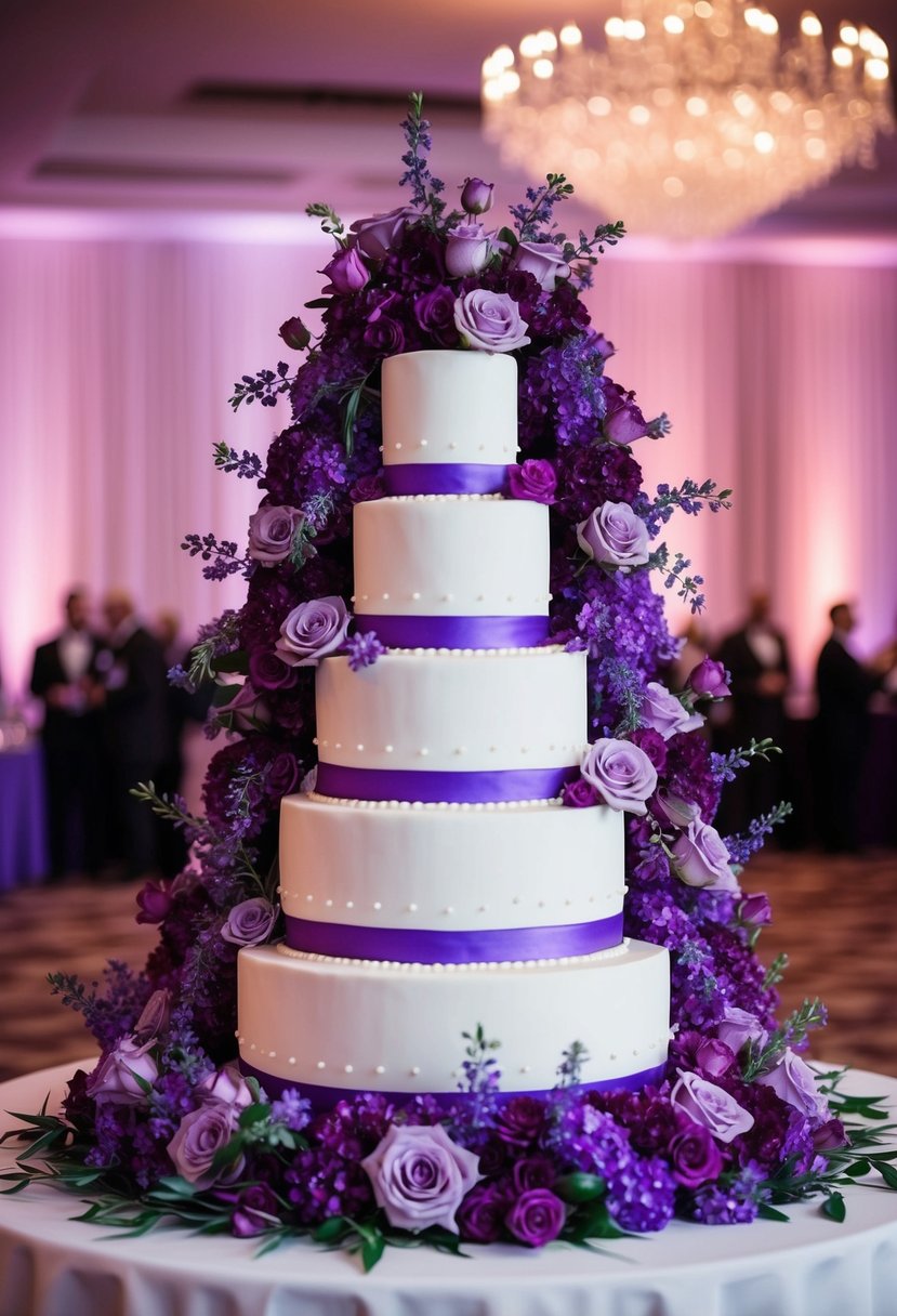 A grand wedding cake surrounded by cascading purple floral arrangements