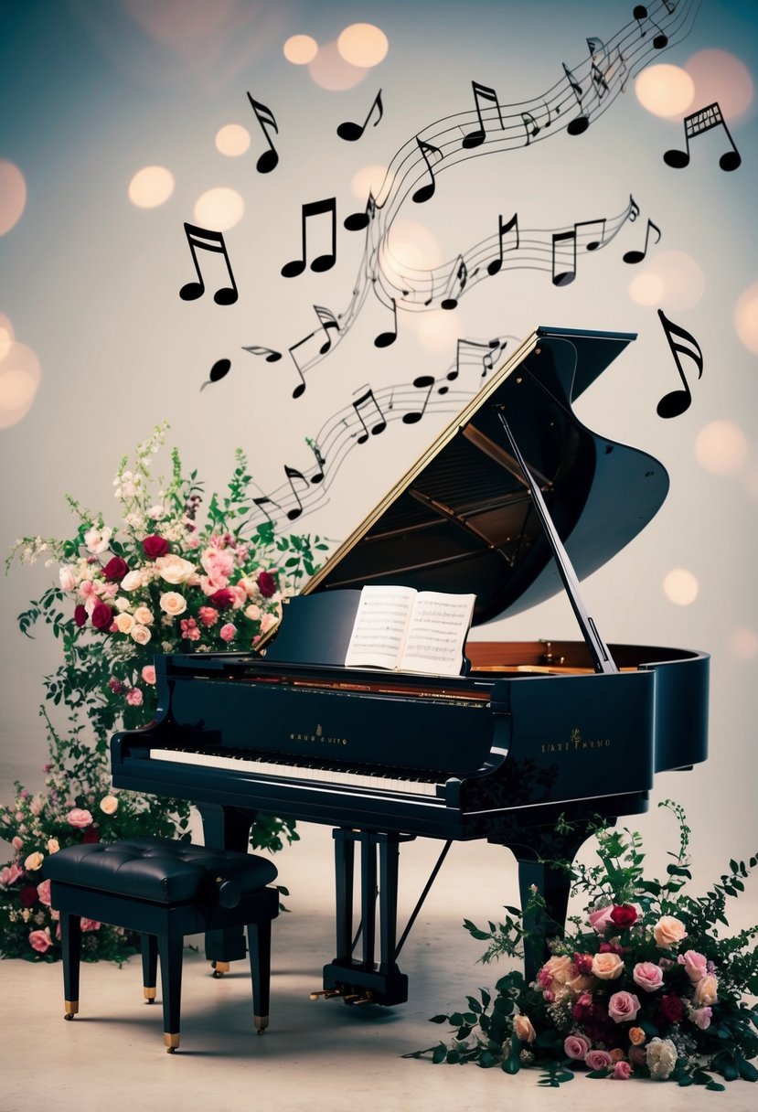 A grand piano surrounded by floral arrangements, with musical notes floating in the air