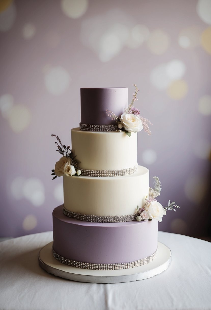 A three-tiered wedding cake with lilac and ivory frosting, adorned with delicate floral accents and silver trim, sits on a table against a backdrop of soft, muted colors