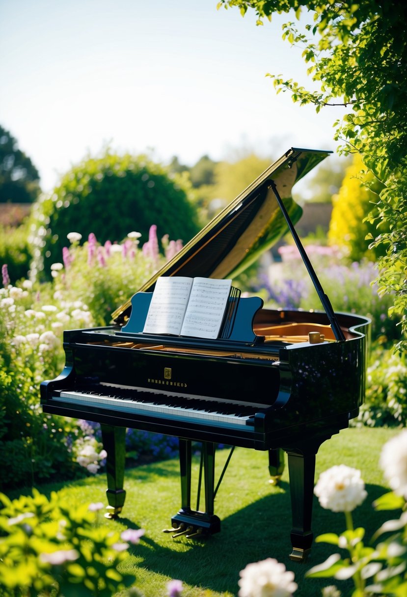 A grand piano sits in a sunlit garden, surrounded by blooming flowers and lush greenery, with a music sheet open on the stand