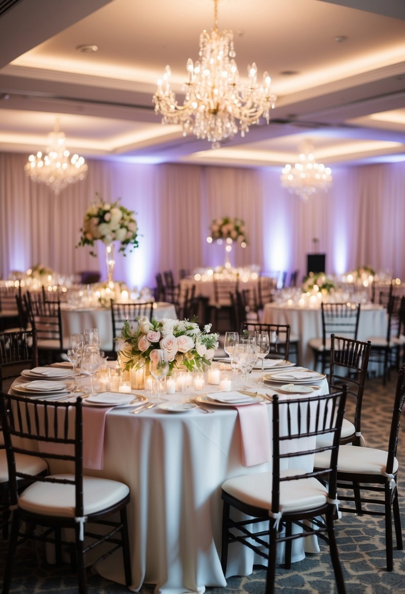 A beautifully decorated venue with elegant table settings, twinkling lights, and a romantic atmosphere for a wedding anniversary party