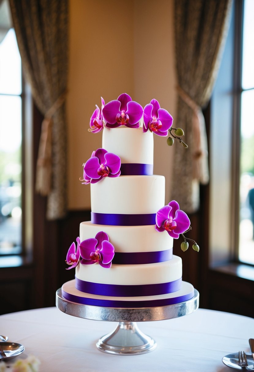 A three-tiered wedding cake adorned with vibrant Radiant Orchid flowers and ribbons, standing tall on a silver cake stand