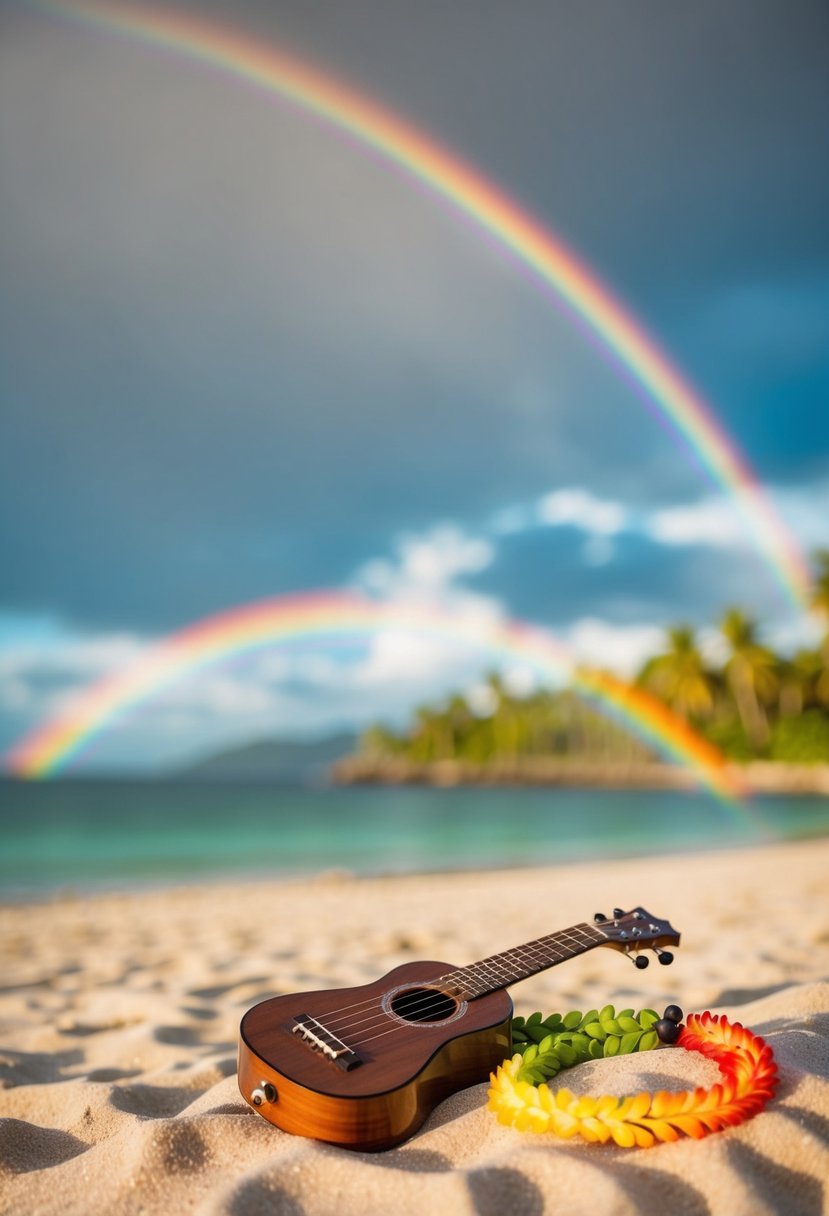 A vibrant rainbow arches over a serene beach, with a ukulele and a traditional Hawaiian lei resting on the sand