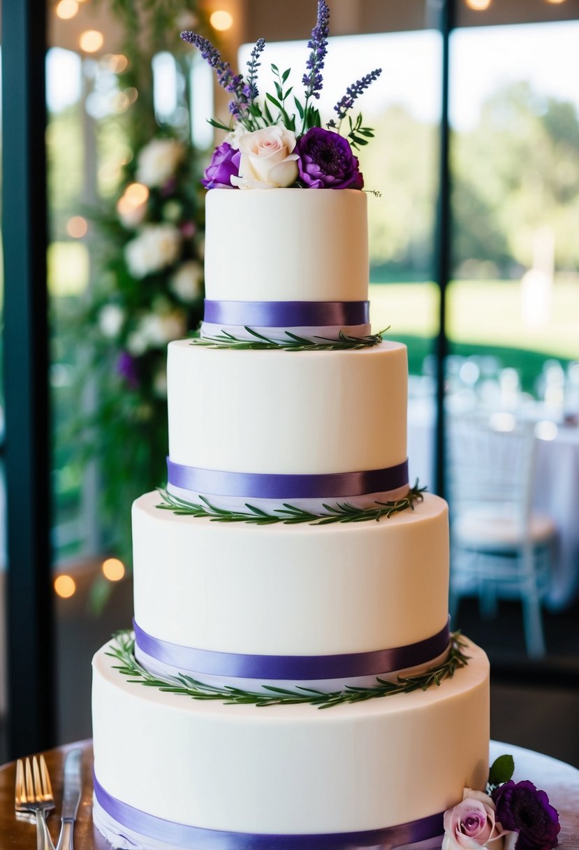 A three-tiered wedding cake with delicate lavender accents and floral decorations