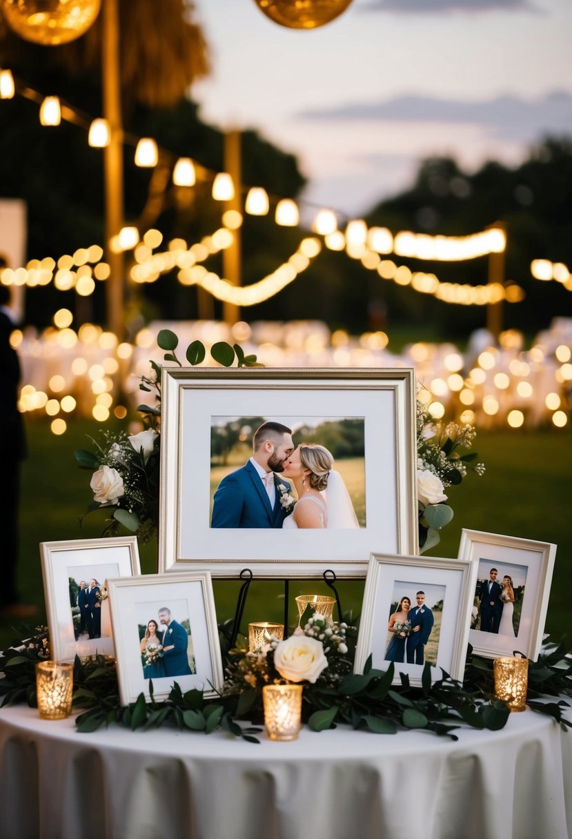 A table displaying framed photos from the couple's wedding day, surrounded by twinkling lights and floral arrangements