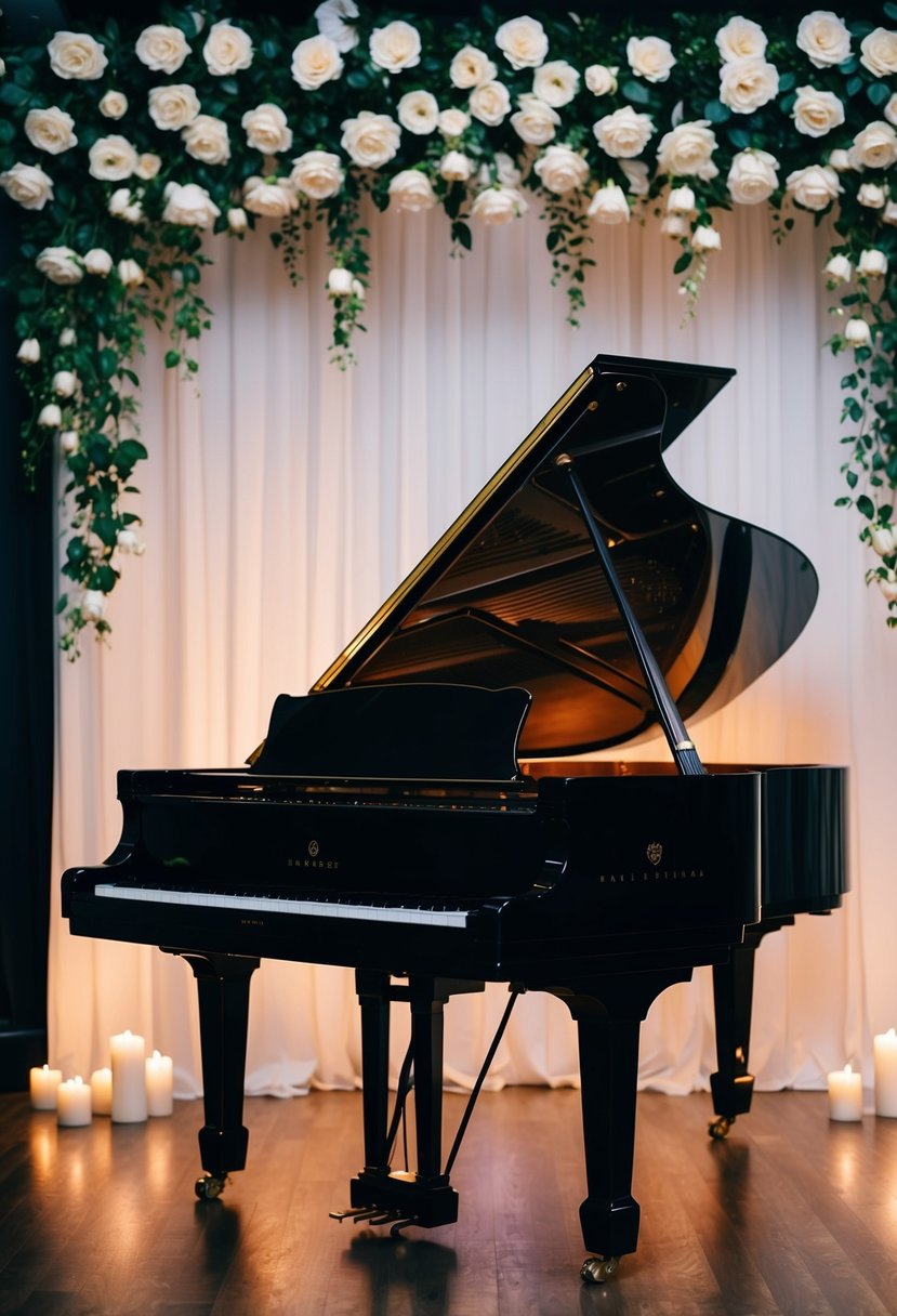 A grand piano set against a backdrop of blooming white roses and soft candlelight